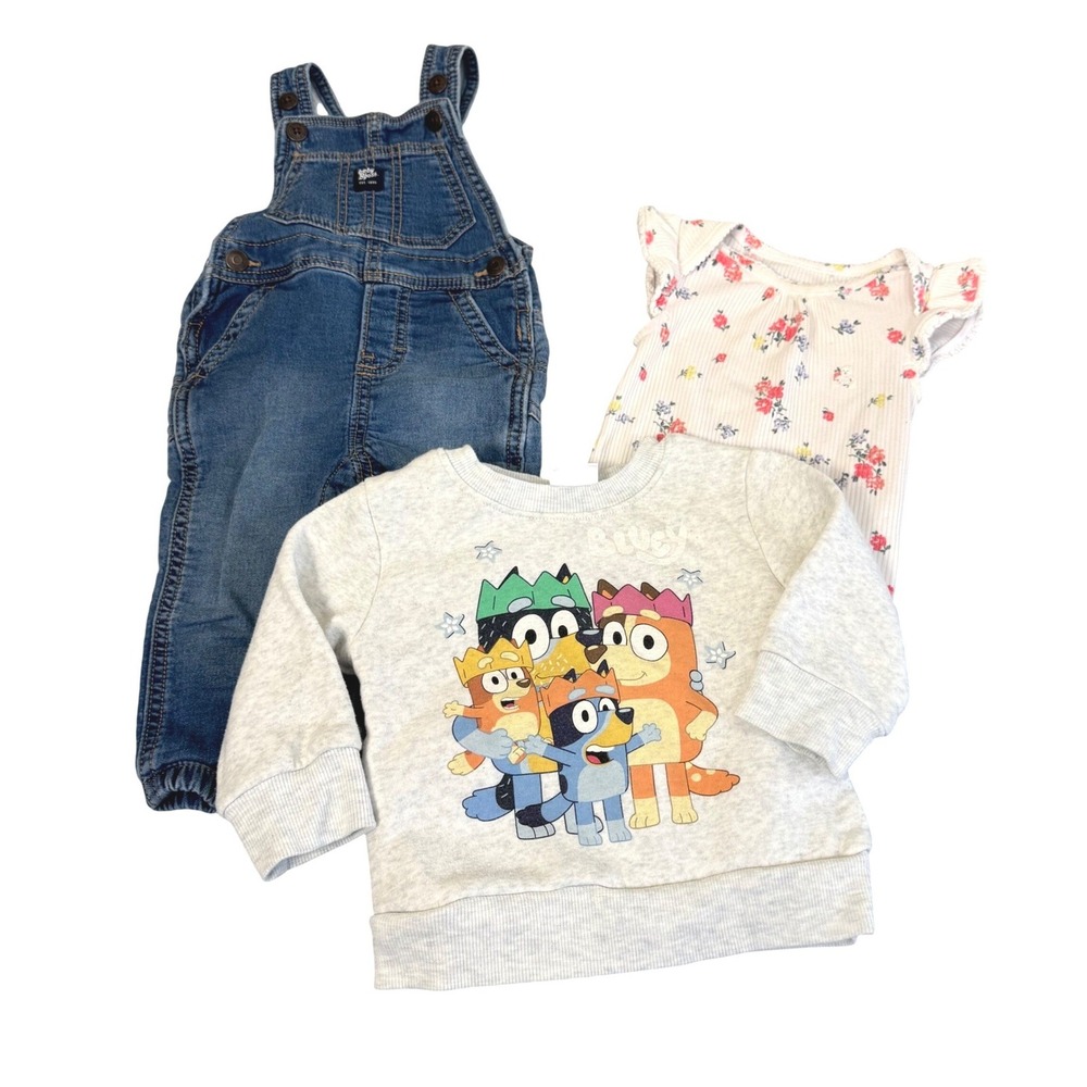 Baby B'gosh Denim Overalls Bluey Sweatshirt Set Kids 12M 3pc Bundle Disney Style